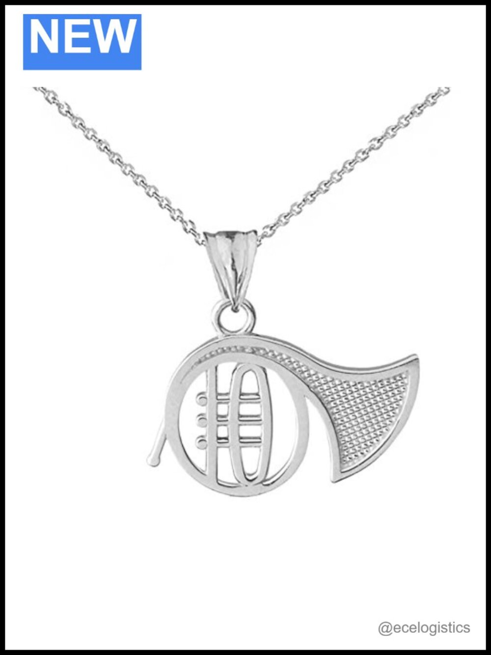 Sterling Silver French Horn Music Charm Pendant Necklace 18 Inch